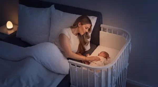 Mutter beruhigt ihr Baby im Beistellbett, um die Schlafregression zu überstehen. Sanftes Licht vom Nachttisch.
