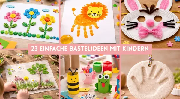Bunte Bastelideen für Kinder: Knopfbilder, Handabdruck-Löwe, Hasenmaske, Natur-Collage, Bienen-Basteln und mehr.