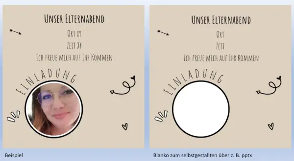 Elternabend Einladung Vorlage: Ein Beispiel mit Foto und eine leere Vorlage zum Selbstgestalten.