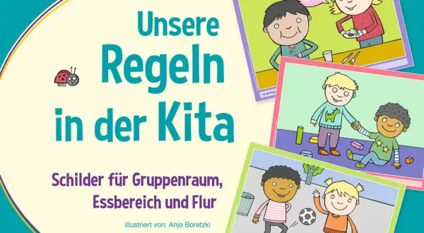 Bilder mit Regeln im Kindergarten: Kinder beim Essen, Spielen und Helfen. Illustriert von Anja Boretzki.