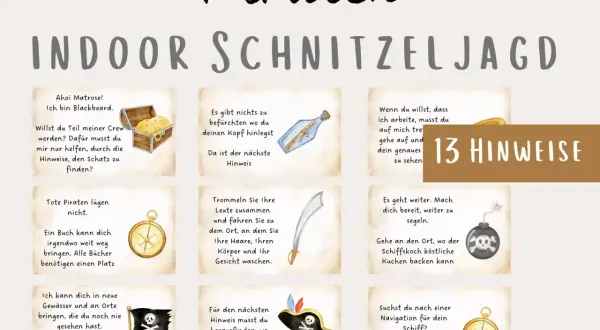 Piraten-Schnitzeljagd mit 13 Hinweisen, die zu einem Schatz führen. Jede Aufgabe ist illustriert, z.B. mit einer Schatzkiste oder einem Kompass.