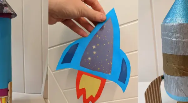 Drei selbstgebastelte Raketen: eine blaue mit Sternen, eine silberne mit Goldband und eine blaue mit bunten Füßen.