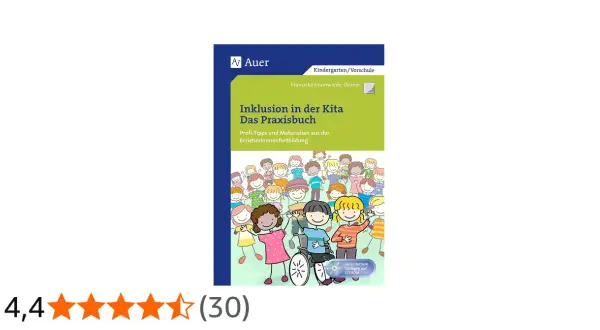 Das Praxisbuch "Inklusion in der Kita" zeigt bunte Kinder, darunter ein Kind im Rollstuhl, die Vielfalt und Gemeinschaft in der Kita feiern.