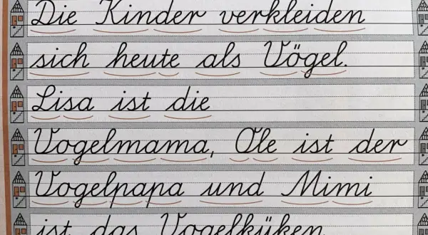 Schreibschrift Grundschule Niedersachsen: Kinder verkleiden sich als Vögel. Lisa ist Vogelmama, Ole Vogelpapa, Mimi Vogelküken.