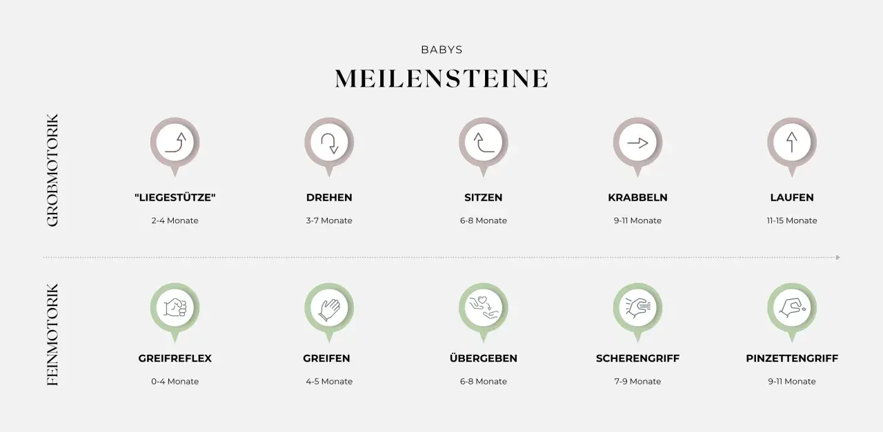Babys Meilensteine der Entwicklung: Grobmotorik (Liegestütze, Drehen, Sitzen, Krabbeln, Laufen) & Feinmotorik (Greifreflex, Greifen, Übergeben, Scherengriff, Pinzettengriff).