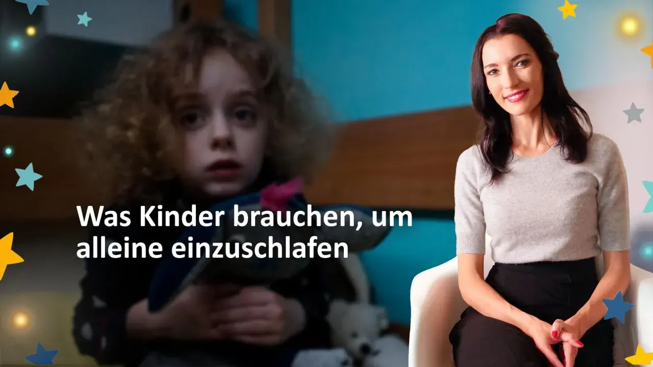 Ein 9-jähriges Kind mit verängstigtem Blick hält Kuscheltiere. Eine Frau lächelt. Sterne schmücken die Szene.
