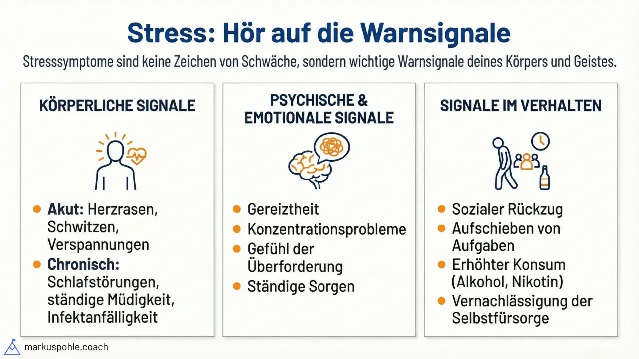 Warnsignale bei Stress: körperliche, psychische & emotionale Anzeichen wie Gereiztheit, Konzentrationsprobleme, Überforderung und Sorgen.