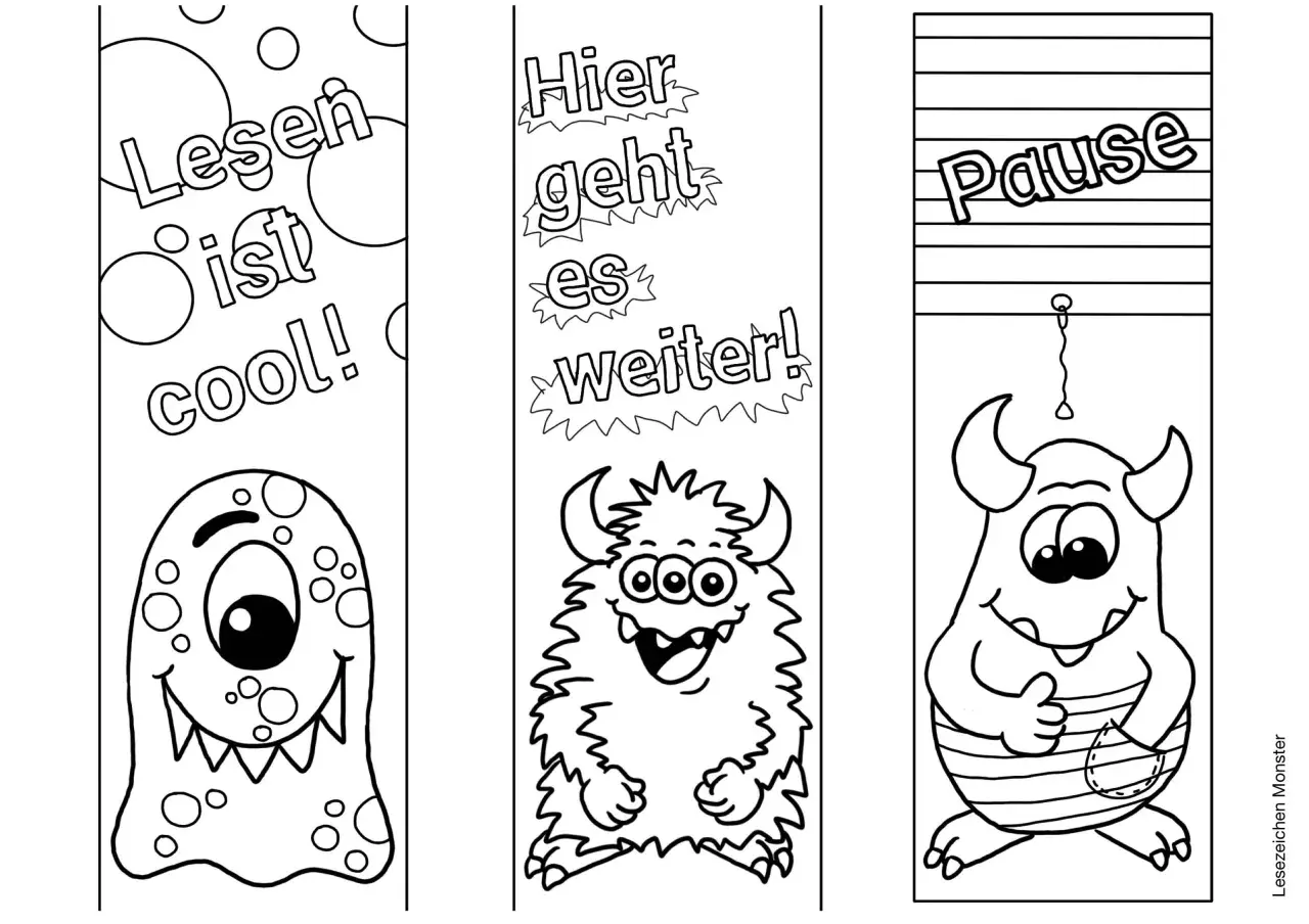 Drei lustige Monster-Lesezeichen zum Ausdrucken für die Grundschule: "Lesen ist cool!", "Hier geht es weiter!" und "Pause".