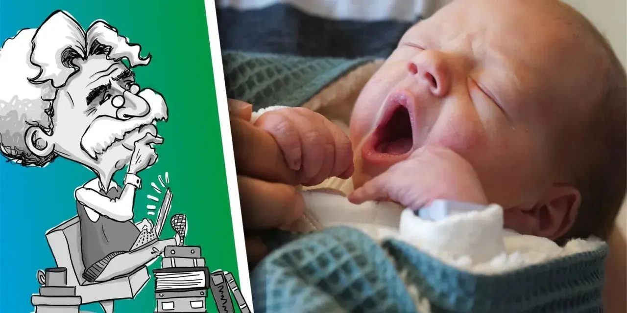 Karikatur eines Gelehrten, der über Namen nachdenkt, die in Deutschland verboten sind, neben einem schlafenden Baby.