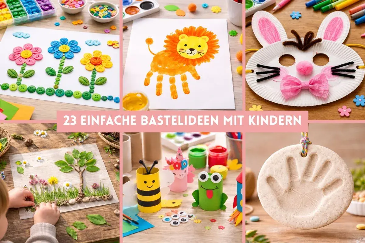 Bunte Bastelideen für Kinder: Knopfbilder, Handabdruck-Löwe, Hasenmaske, Natur-Collage, Bienen-Basteln und mehr.