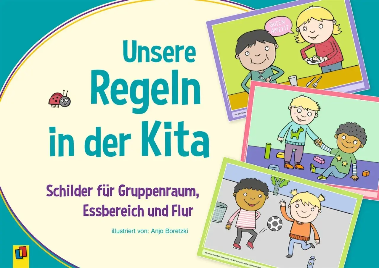 Bilder mit Regeln im Kindergarten: Kinder beim Essen, Spielen und Helfen. Illustriert von Anja Boretzki.