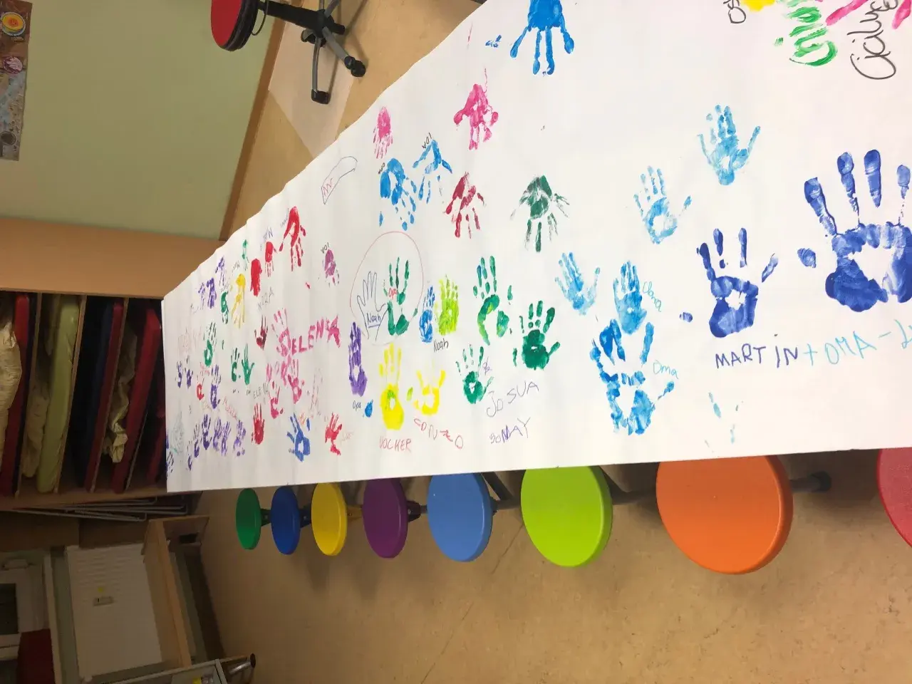 Bunte Handabdrücke von Kindern und Großeltern auf einem langen Papier. Ein Gruß zum Oma Opa Tag.