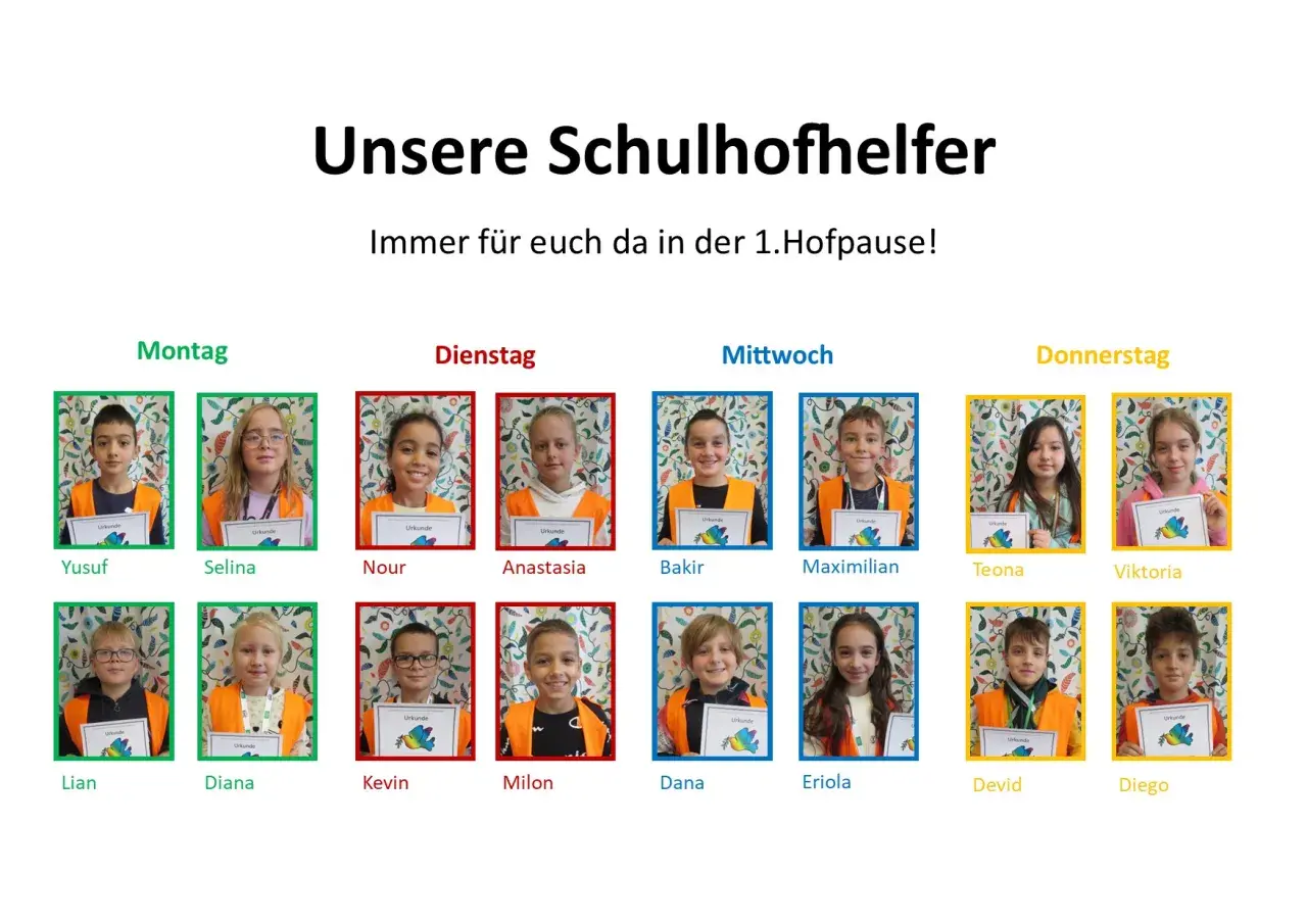 Schulhofhelfer der Grundschule, die Urkunden halten. Kein Streit unter Kindern, nur stolze Gesichter!