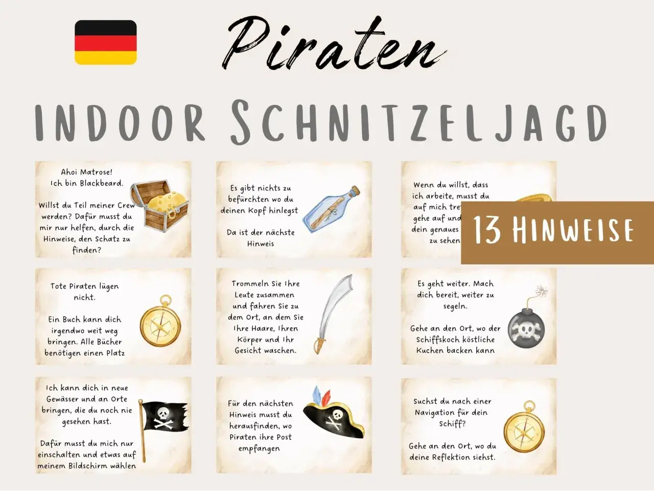 Piraten-Schnitzeljagd mit 13 Hinweisen, die zu einem Schatz führen. Jede Aufgabe ist illustriert, z.B. mit einer Schatzkiste oder einem Kompass.