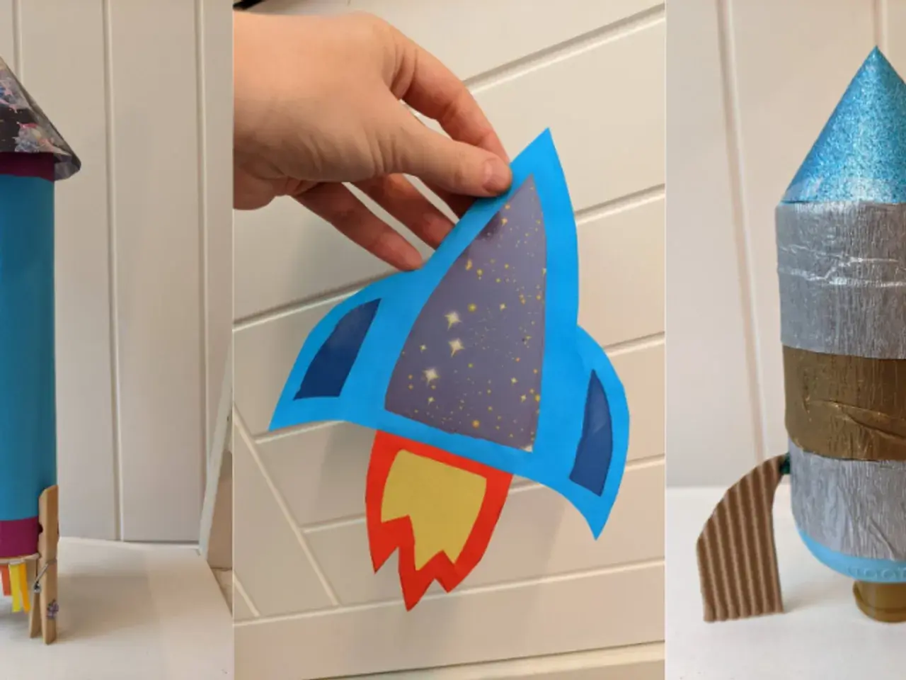 Drei selbstgebastelte Raketen: eine blaue mit Sternen, eine silberne mit Goldband und eine blaue mit bunten Füßen.