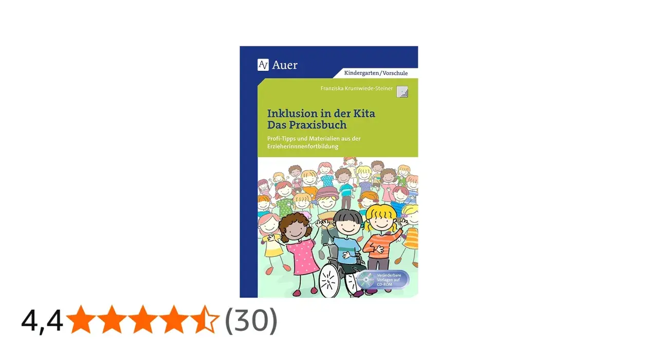Das Praxisbuch "Inklusion in der Kita" zeigt bunte Kinder, darunter ein Kind im Rollstuhl, die Vielfalt und Gemeinschaft in der Kita feiern.