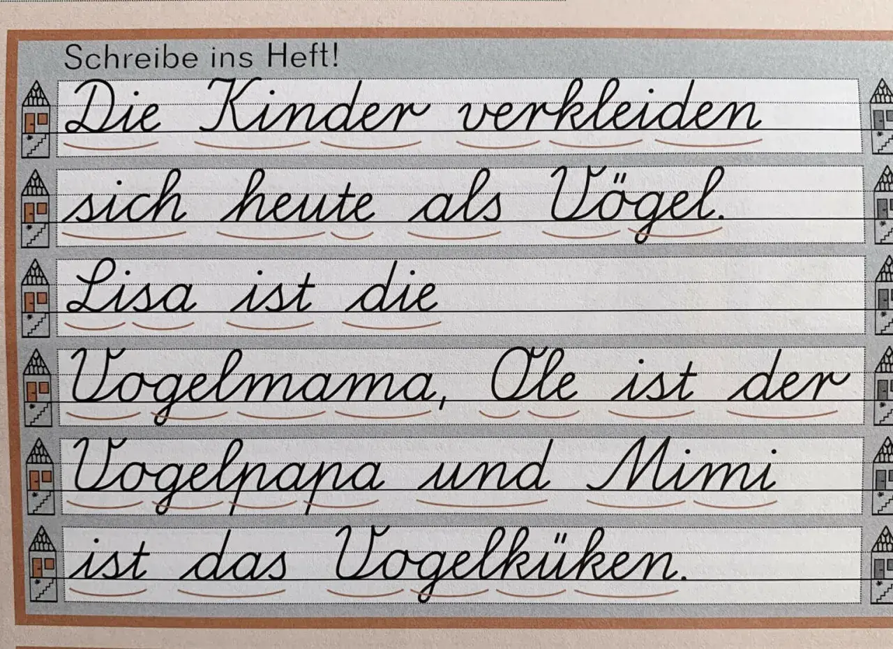 Schreibschrift Grundschule Niedersachsen: Kinder verkleiden sich als Vögel. Lisa ist Vogelmama, Ole Vogelpapa, Mimi Vogelküken.