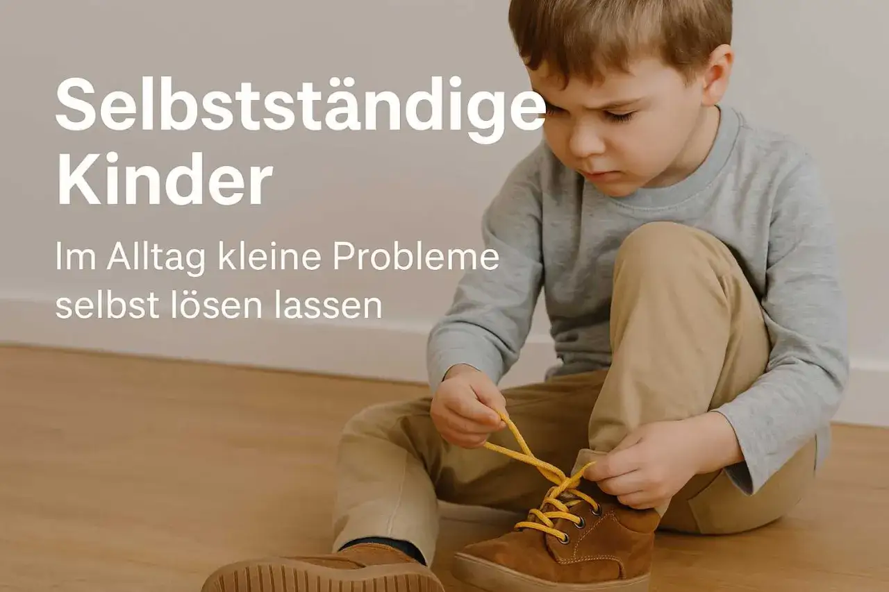 Ein Junge lernt, seine Schnürsenkel zu binden. Dies fördert die ich-kompetenz bei Kindern, indem sie kleine Probleme selbst lösen.