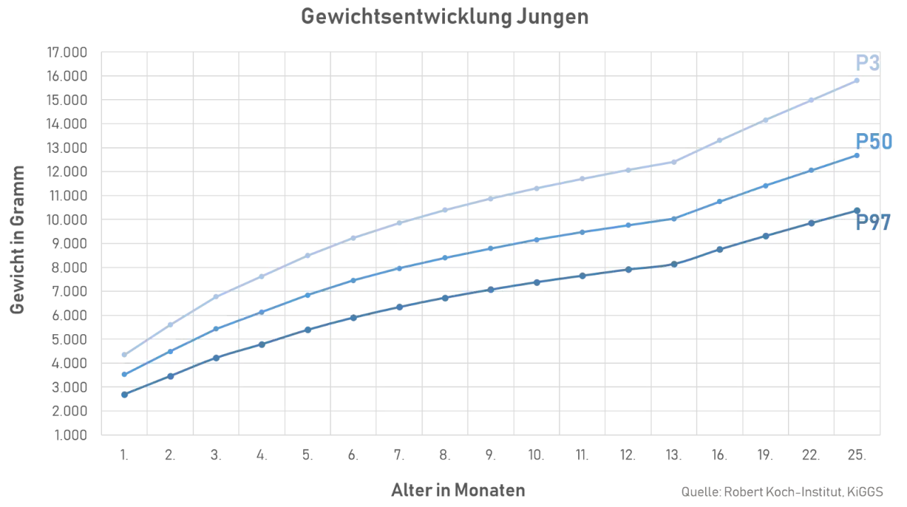 Gewichtsentwicklung Jungen: Das Diagramm zeigt das Gewicht in Gramm &uuml;ber die Monate. Ein Baby mit 3 Monaten liegt laut P50-Kurve bei ca. 6.000 Gramm.