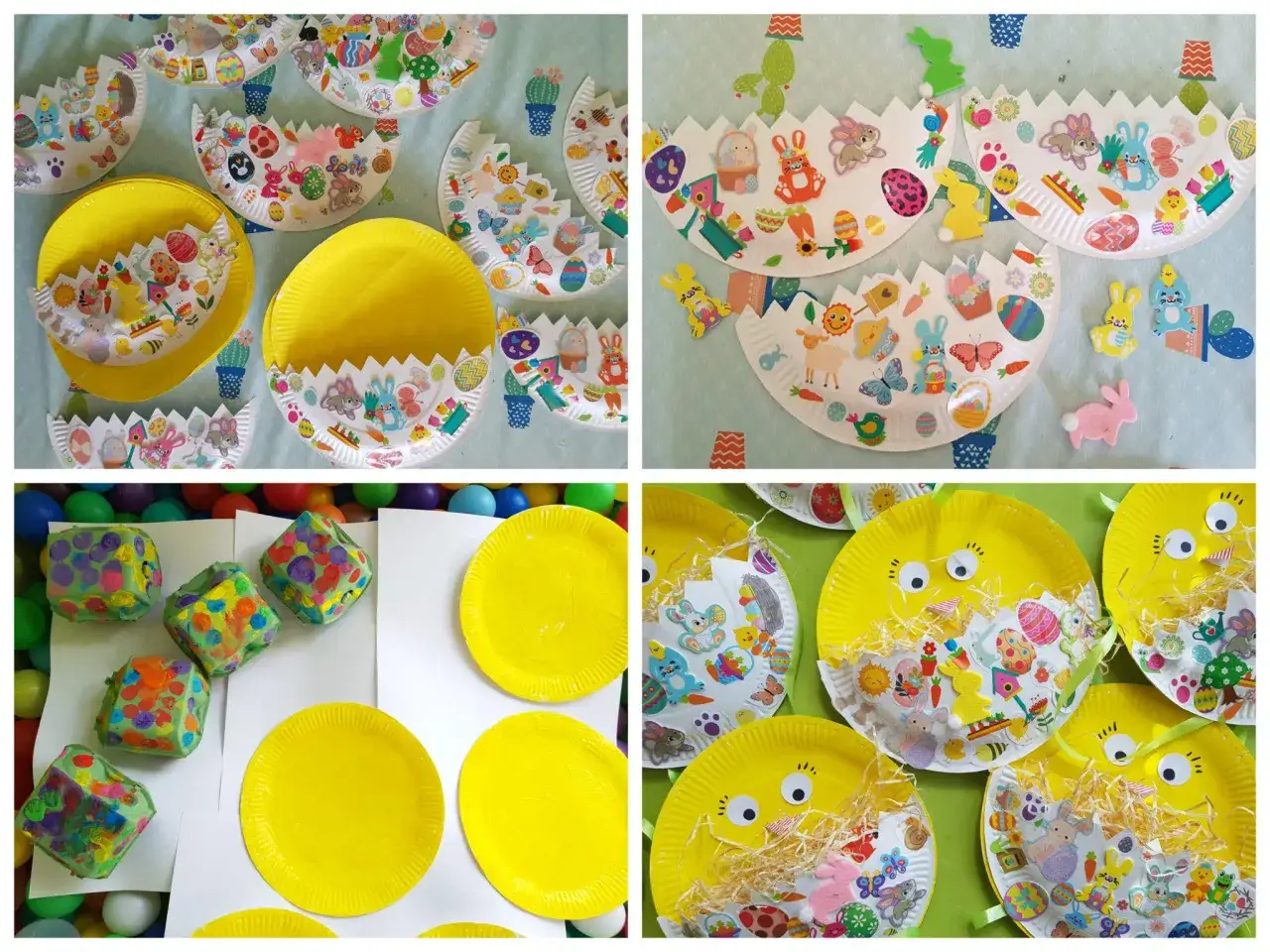 Bunte Osterbastelarbeiten im Kindergarten: Papier-Eierhälften mit Hasen, Küken und Ostereiern beklebt.
