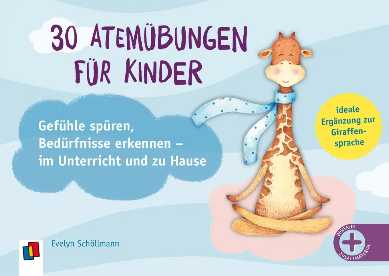 Ein Buchcover mit einer lächelnden Giraffe im Lotussitz, das