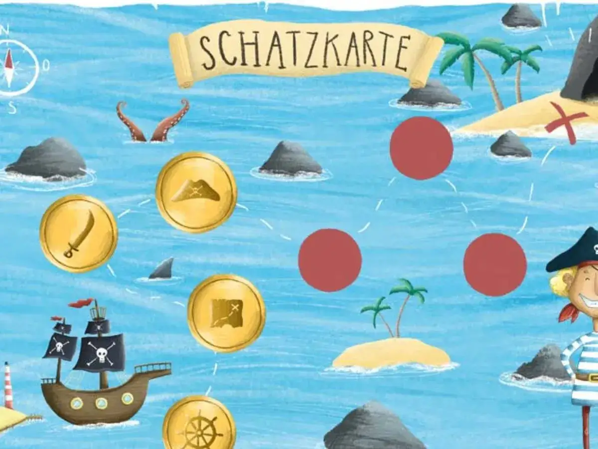 Piratenkarte mit Schatz, Schiff, Münzen und roten Kreisen, die schnitzeljagd aufgaben darstellen. Ein fröhlicher Pirat winkt.