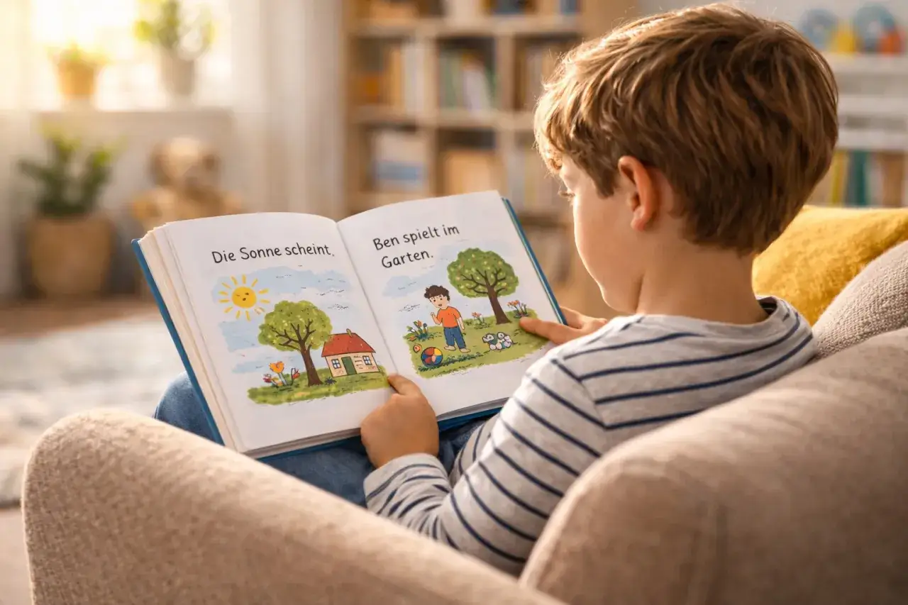Ein Junge liest ein Bilderbuch. Die Sonne scheint, Ben spielt im Garten. Ab wann kann man lesen?