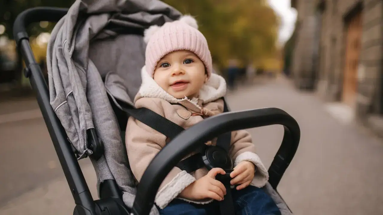 Kleines Mädchen im Buggy, bereit für den Spaziergang. Ab wann buggy? Sobald sie sicher sitzen kann, ist der Buggy die perfekte Wahl für Ausflüge.
