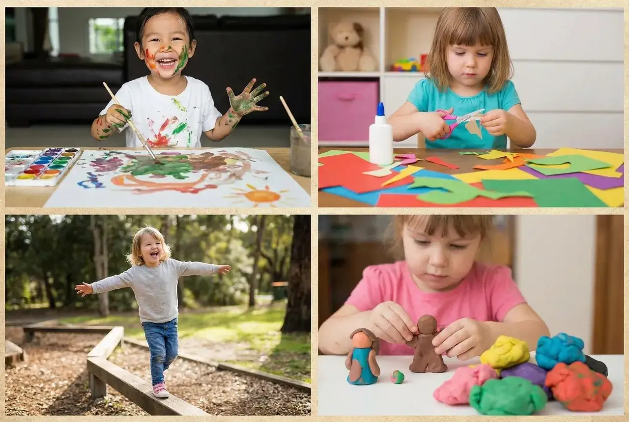 Vier Szenen zeigen die kind 3 jahre entwicklung: Malen, Basteln, Balancieren und Kneten.