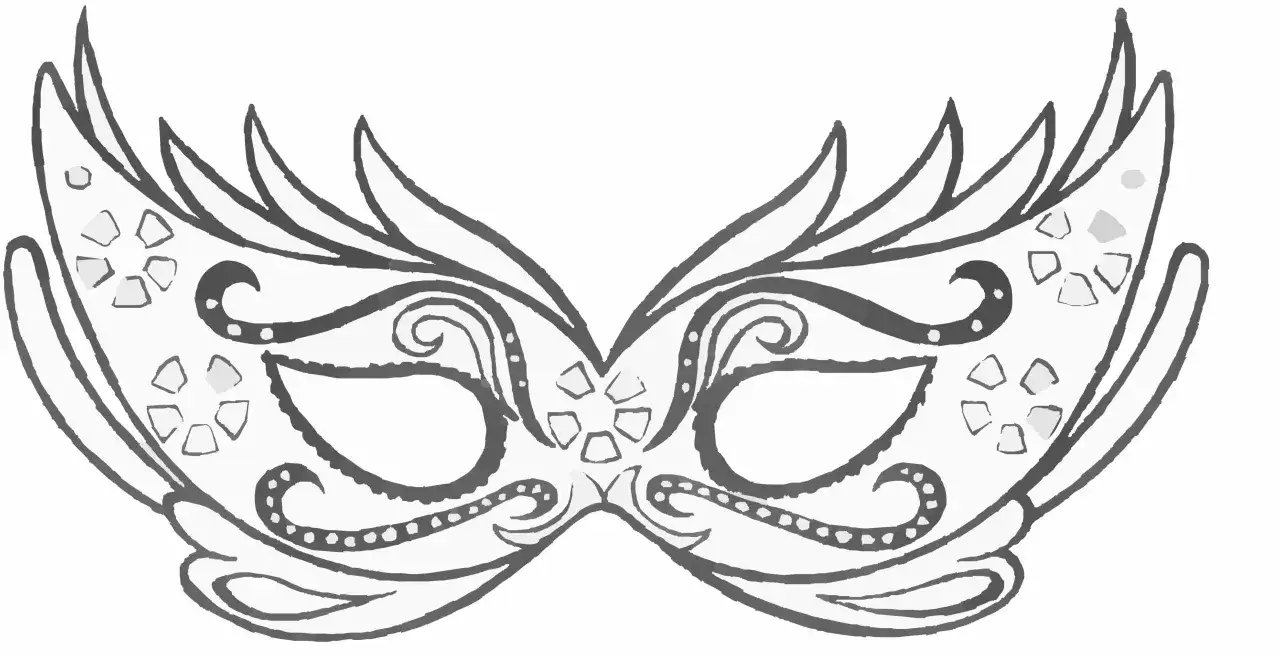 Eine detailreiche Karneval Maske Vorlage mit Federn und Verzierungen. Perfekt zum Basteln und Ausmalen.