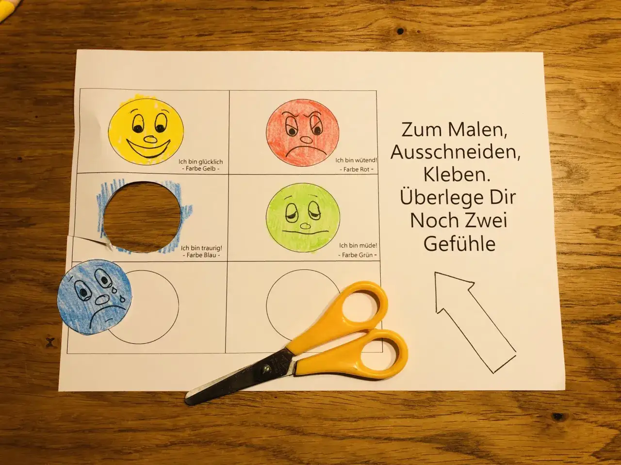 Bastelbögen mit Gefühlsgesichtern zum Malen, Ausschneiden und Kleben. Ein wutmonster-Bastelprojekt für Kinder.