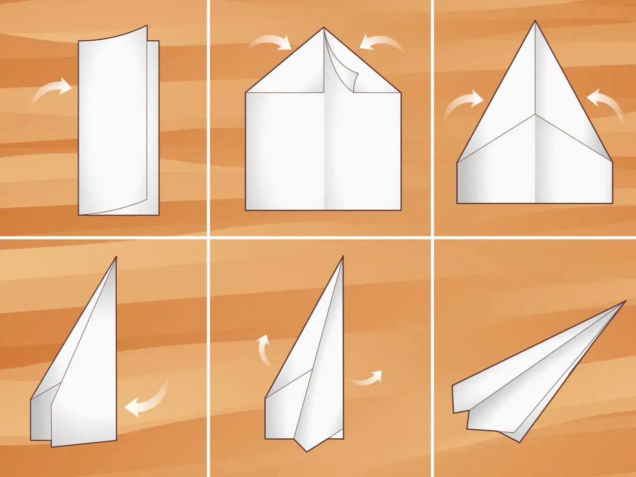 Schritt-f&uuml;r-Schritt-Anleitung, wie man einen Papierflieger bastelt. Sechs Bilder zeigen die Falttechniken, um aus einem Blatt Papier ein Flugobjekt zu machen.