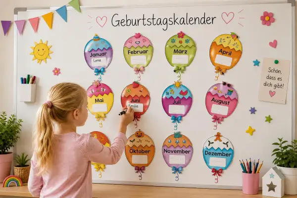 Ein Mädchen schreibt auf einen Geburtstagskalender zum Basteln. Kostenlose Vorlagen für die Grundschule machen das Gestalten einfach.