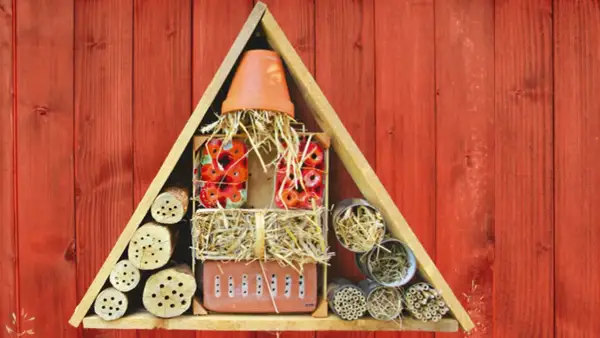 Ein selbstgebautes Insektenhotel für Kinder, gefüllt mit Holzstämmen, Stroh und Ziegeln, bietet Unterschlupf für nützliche Insekten.