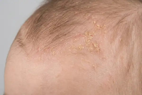 Nahaufnahme der Kopfhaut eines Babys mit trockener Haut und Schuppen.