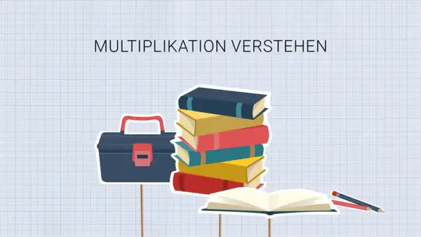 Werkzeugkasten, Bücherstapel und ein offenes Buch mit Stiften. Die **Multiplikation** wird hier bildlich erklärt.