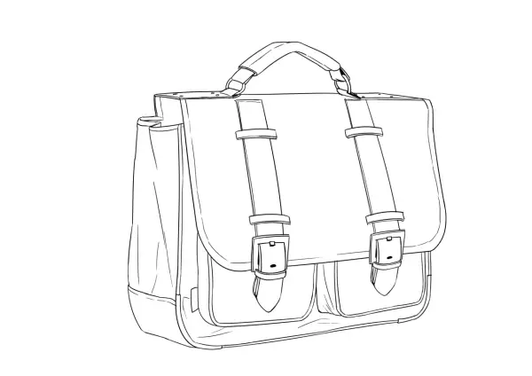 Skizze eines Schulranzens mit zwei Schnallen und einer Henkeltasche. Perfekt zum Schulranzen malen!