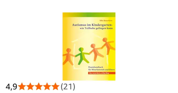 Buchcover: "Autismus im Kindergarten – wie Teilhabe gelingen kann". Bunte Papierfiguren halten Händchen vor einem Haus.