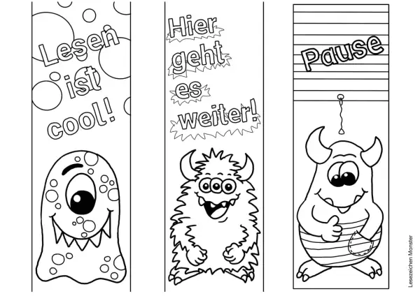 Drei lustige Monster-Lesezeichen zum Ausdrucken für die Grundschule: "Lesen ist cool!", "Hier geht es weiter!" und "Pause".