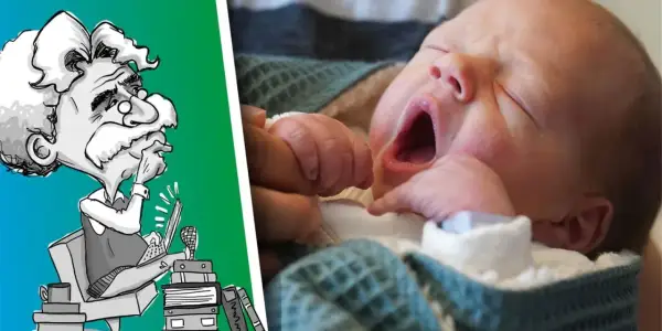 Karikatur eines Gelehrten, der über Namen nachdenkt, die in Deutschland verboten sind, neben einem schlafenden Baby.