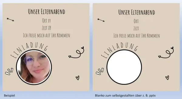 Elternabend Einladung Vorlage: Ein Beispiel mit Foto und eine leere Vorlage zum Selbstgestalten.
