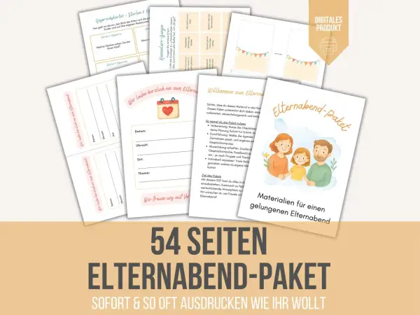 Materialien für einen gelungenen Elternabend: Ideen für Gespräche, Kennenlern-Bingo und Einladungen. Dieses Paket bietet 54 Seiten zum Ausdrucken.