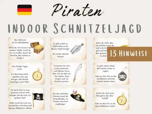 Piraten-Schnitzeljagd mit 13 Hinweisen, die zu einem Schatz führen. Jede Aufgabe ist illustriert, z.B. mit einer Schatzkiste oder einem Kompass.