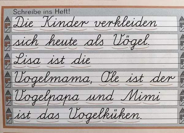 Schreibschrift Grundschule Niedersachsen: Kinder verkleiden sich als Vögel. Lisa ist Vogelmama, Ole Vogelpapa, Mimi Vogelküken.